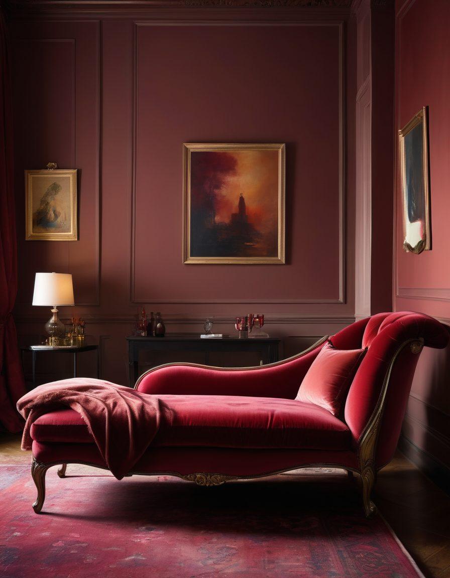 A tastefully designed intimate space featuring soft lighting, luxurious fabrics, and subtle sensual artwork on the walls. Include a plush chaise lounge with an open book about mature themes next to a glass of red wine, creating an inviting atmosphere. The background should have a mix of shadows and warm colors to evoke a feeling of depth and introspection. elegant, moody, super-realistic, vibrant colors.