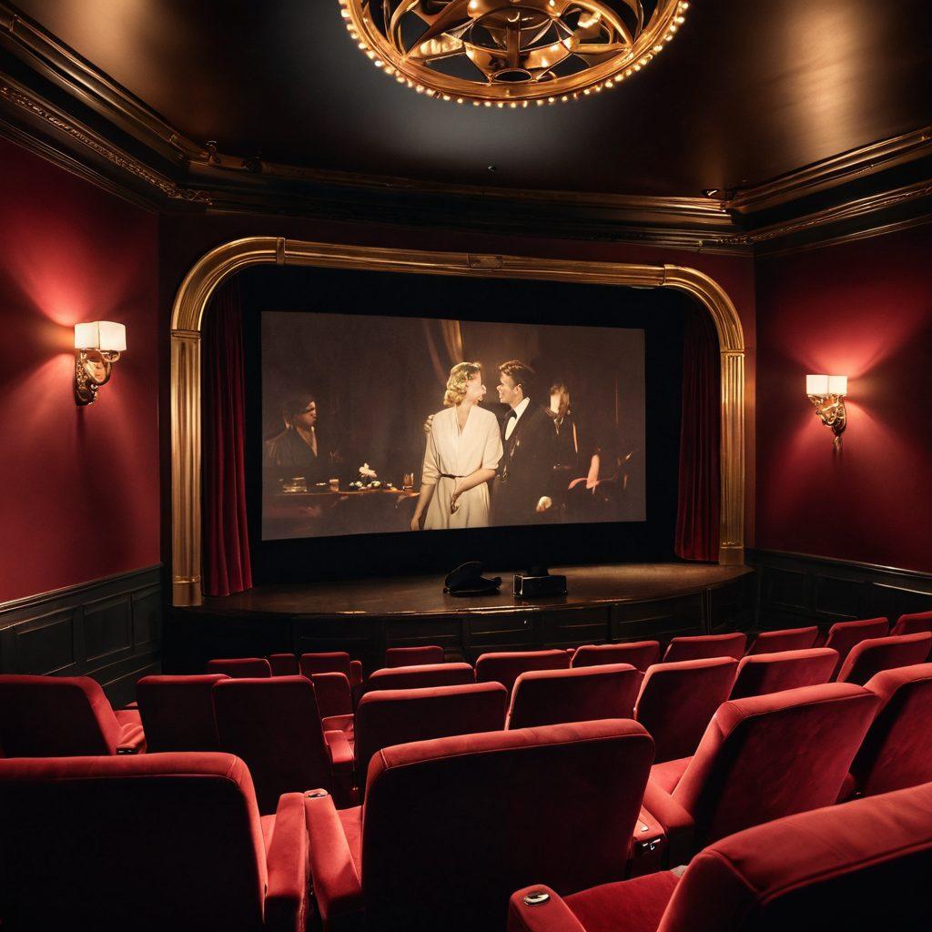 A dimly lit, cozy film theater with plush red velvet seats, a golden vintage film reel casting warm light on the audience. Silhouettes of couples can be seen intimately engaged in discussion, while a larger-than-life movie screen depicts a subtle, artistic scene from a risqué adult film, symbolizing allure and depth. Decorative elements like soft-focus lights and sensual film posters enhance the atmosphere. super-realistic. warm colors. cinematic vibe.