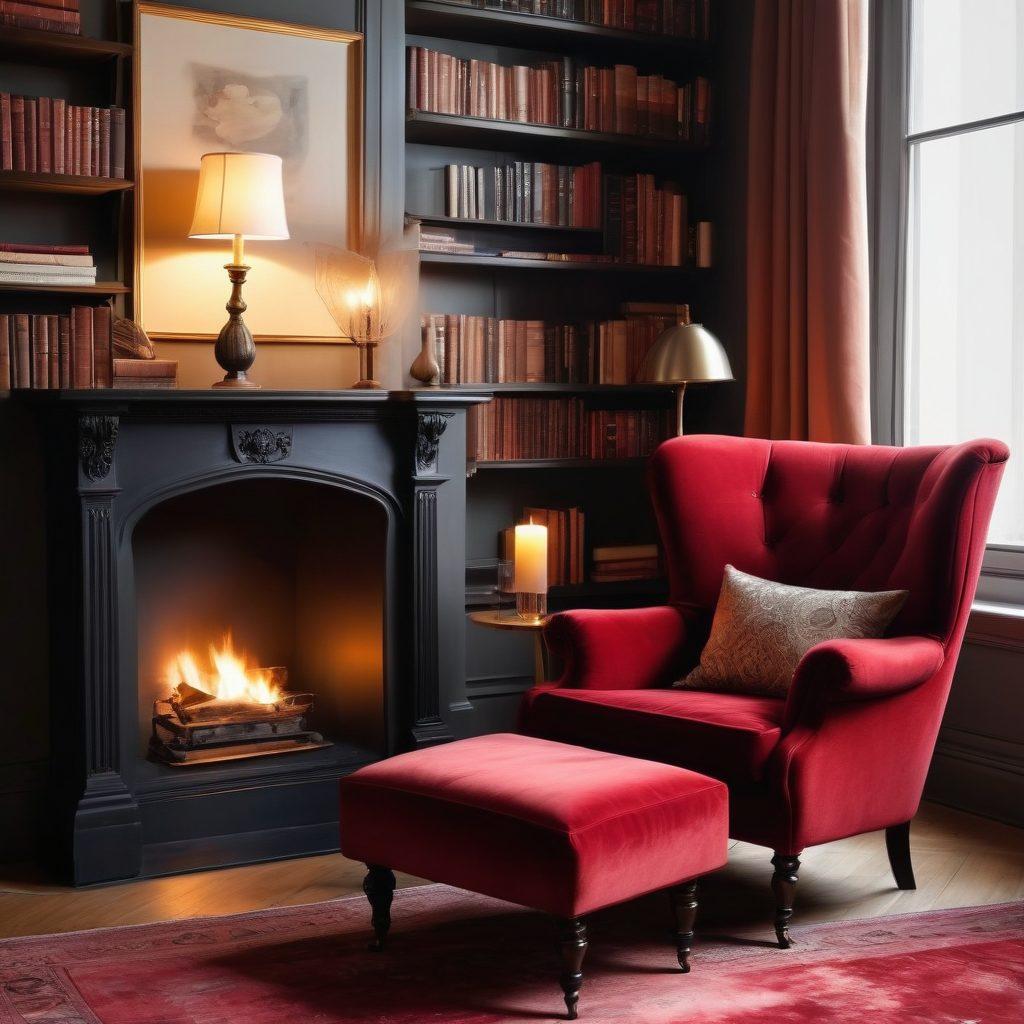 A sophisticated bookshelf filled with classic and modern erotica novels, soft candlelight flickering to create an intimate atmosphere. A shadowy lounge chair in the corner, inviting and plush, with a glass of red wine on a side table. Delicate whispers of silk fabrics and subtle hints of romance through warm colors and textures. Elegant, artistic representations of mature themes subtly integrated into the background. soft focus. warm tones. sophisticated art style.
